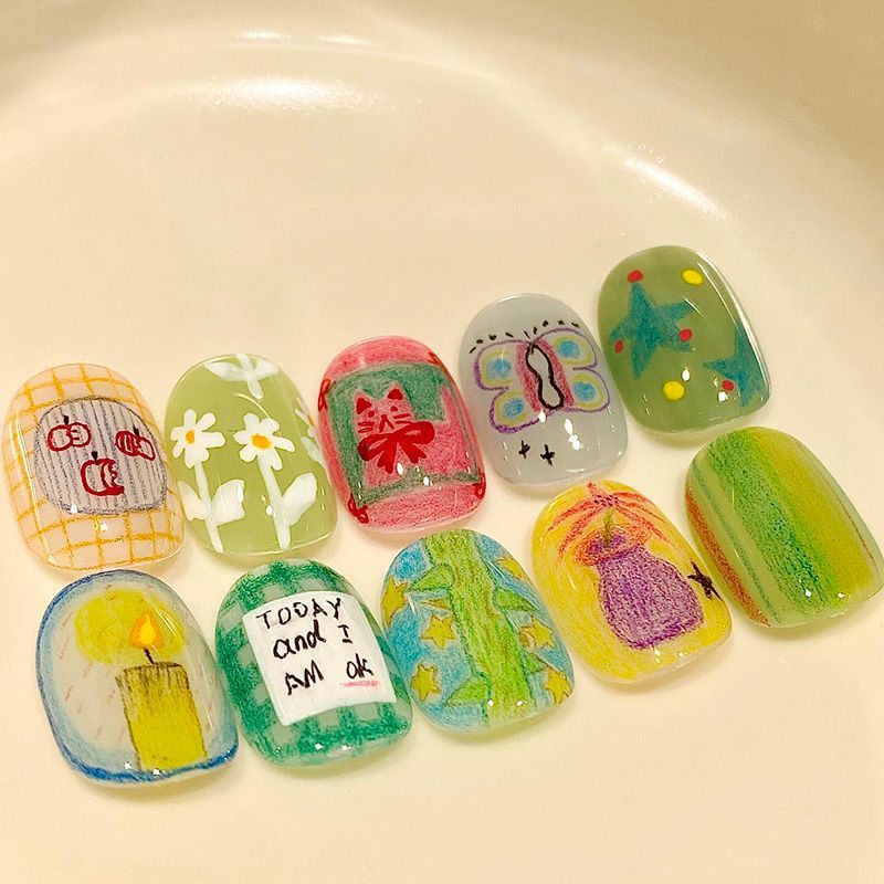 Künstlerisches katzenmotiviertes Press-On-Nagelkunstset Brehn