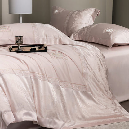 Luxuriöses Besticktes Satin-Jacquard Bettbezug-Set mit Medaillon und Spitzenrand