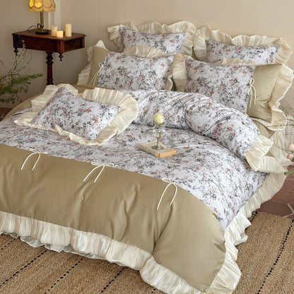 Vintage Floral Rüsch Luxus Baumwolle Bettbezug und Kissenbezug Set