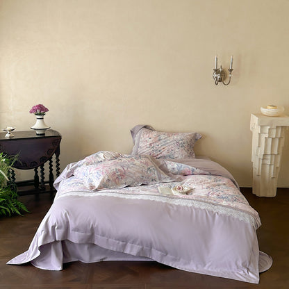 Botanischer Druck Sateen Bettwäsche Set mit zarter Spitzenbordüre und Euro Kissenbezügen
