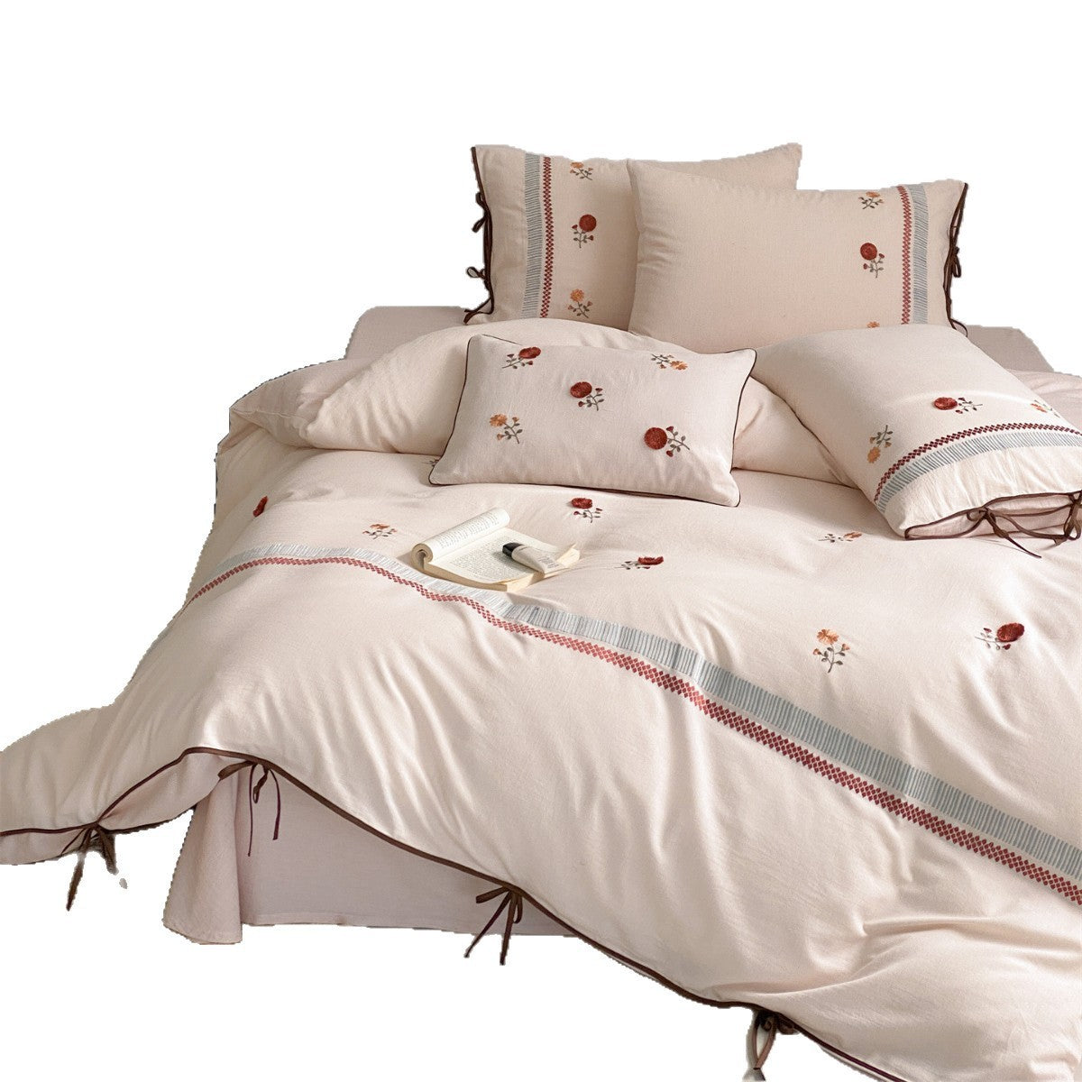 Bestickte Floral Baumwoll-Leinen Bettdeckenbezug Set mit Eckbindern