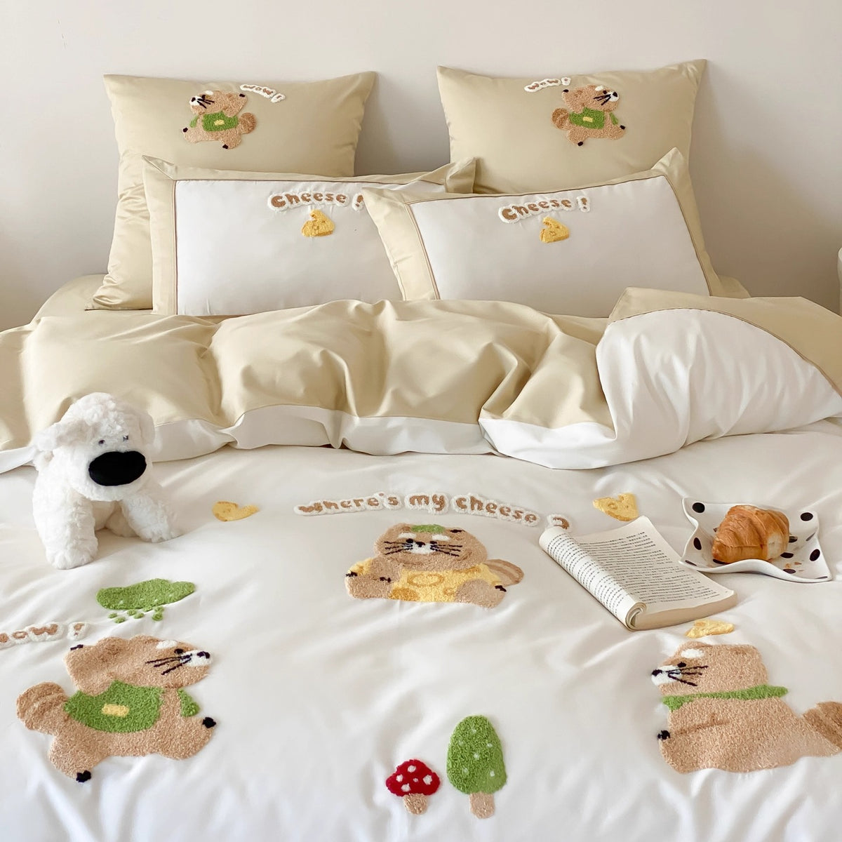 Besticktes Plüsch-Applikation Bettwäsche-Set mit Kopfkissenbezügen