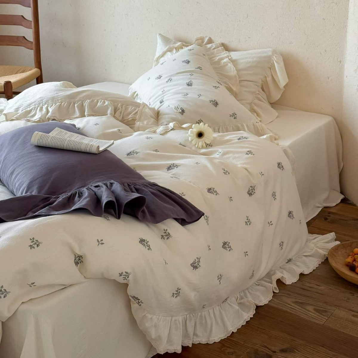 Gewaschenes Baumwoll-Rüschendekor Floral Bettwäsche Set