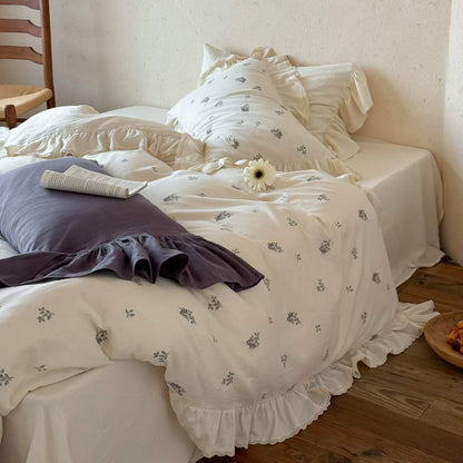 Gewaschenes Baumwoll-Rüschendekor Floral Bettwäsche Set