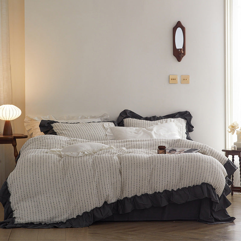 Gestepptes gewaschenes Baumwoll-Rüschendeckenbezug-Set mit Kissenbezügen und Bett-Skirt