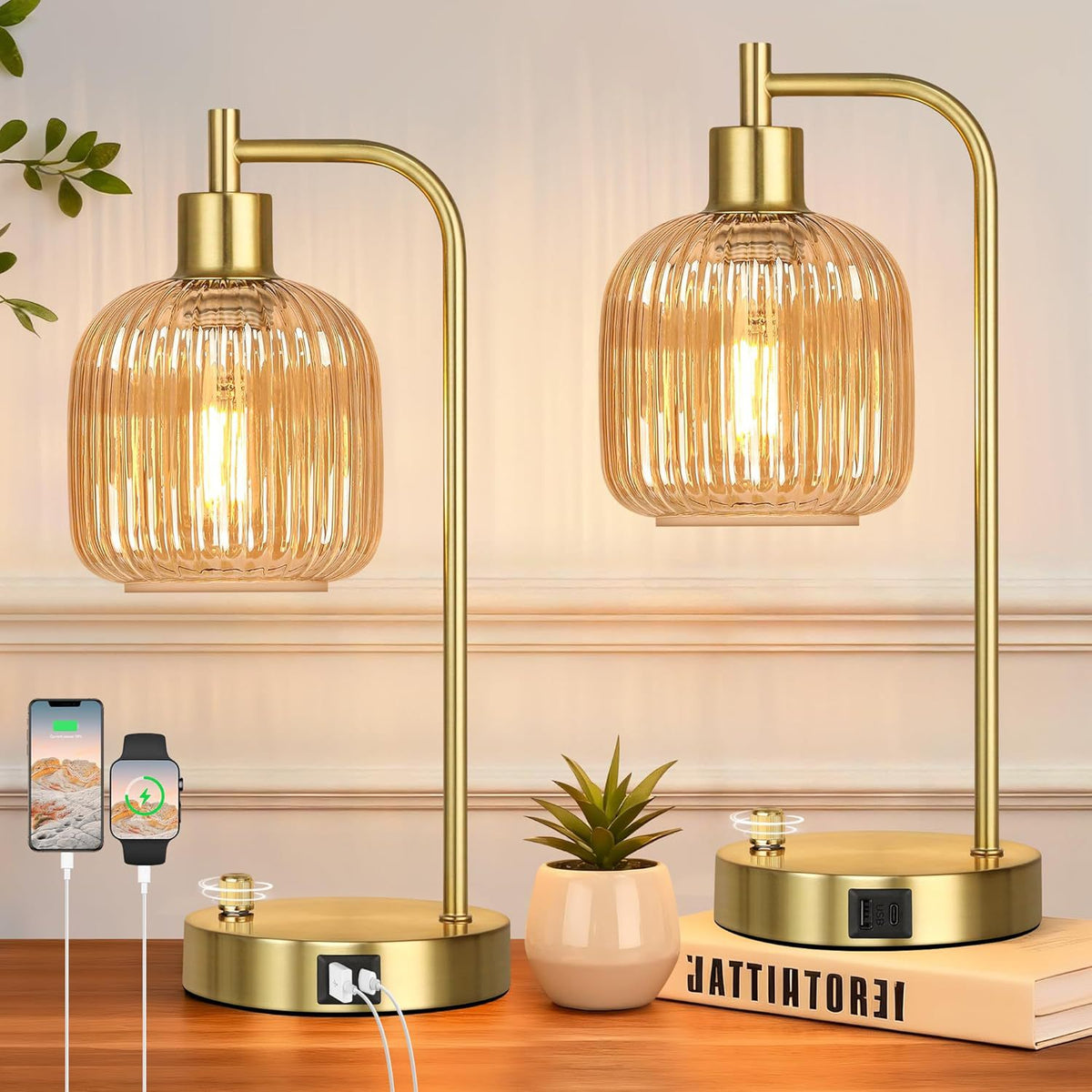 Moderne Glas Tischlampe mit USB-Ladung