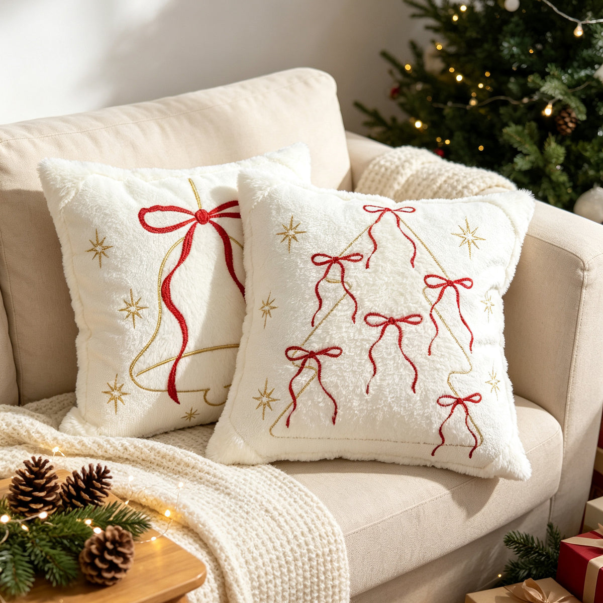 Festliches besticktes Kunstfell-Weihnachts-Wurfkissen