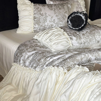 Premium-Baumwollsatin-Duvetbezug-Set mit gerafftem Volant und dekorativem Bettrock