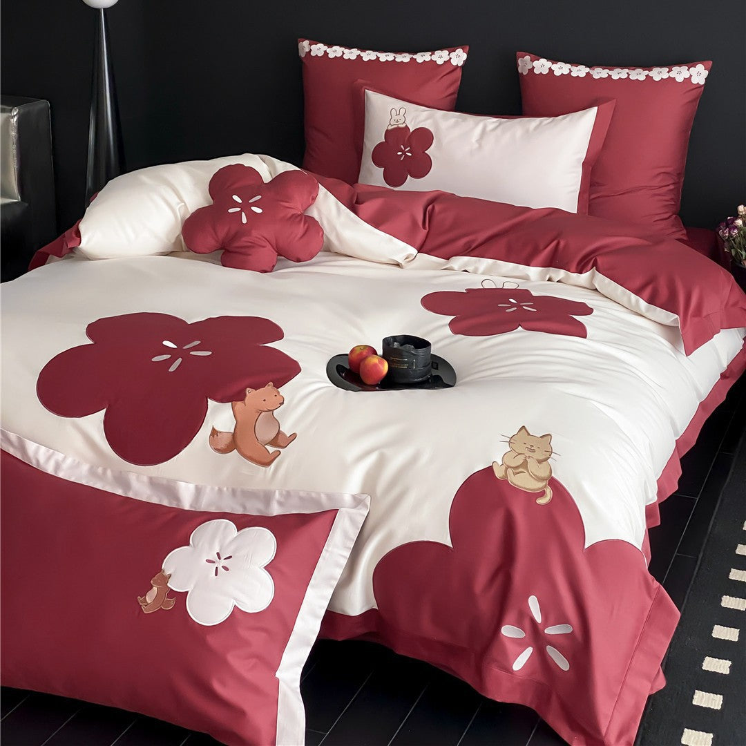 Baumwoll-Satin Bettbezug Set mit bestickter Fuchs und Katze Applikation