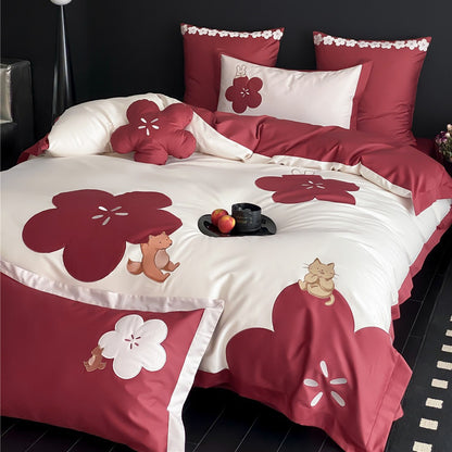 Baumwoll-Satin Bettbezug Set mit bestickter Fuchs und Katze Applikation