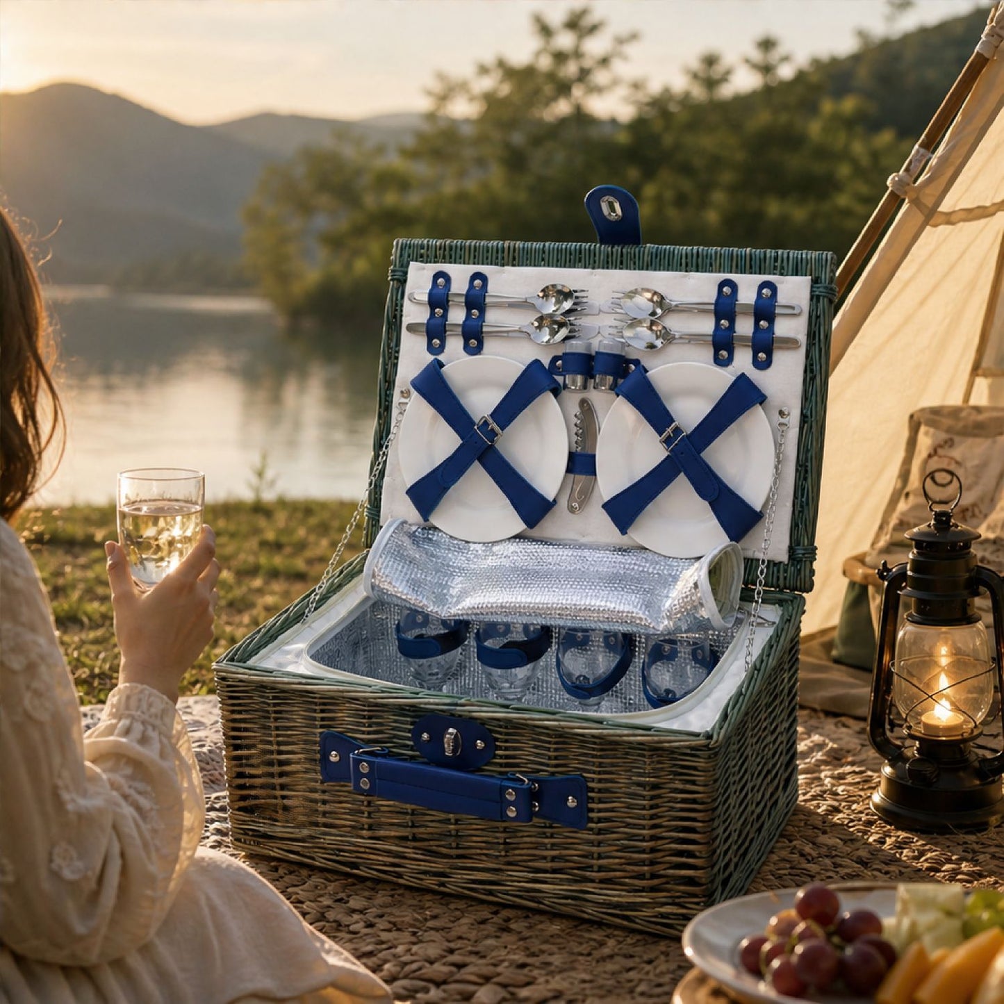 Damen Luxus Picknickkorb mit versetztem Geschirrfach und floralem Innenfutter Brehn