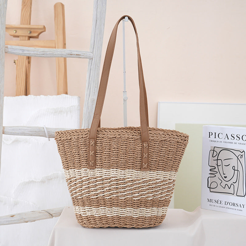 Handgewebte Strandtasche mit Ledergriffen Brehn