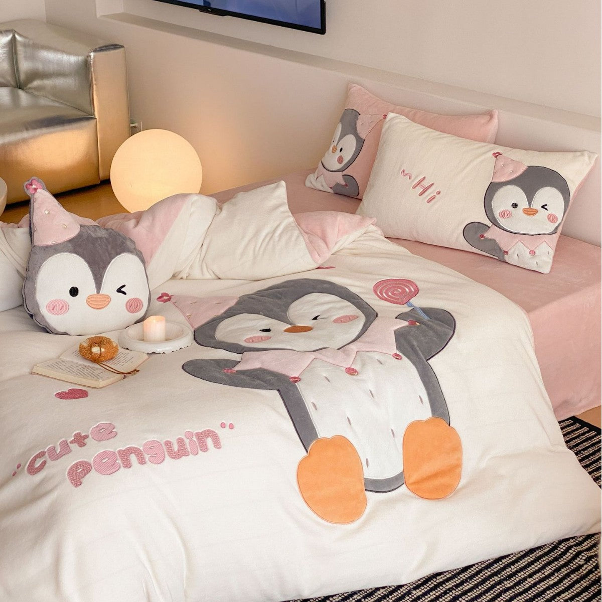 Niedliches Plüsch Applikation Pinguin Bettbezug Set mit gesteppten Kissenbezügen