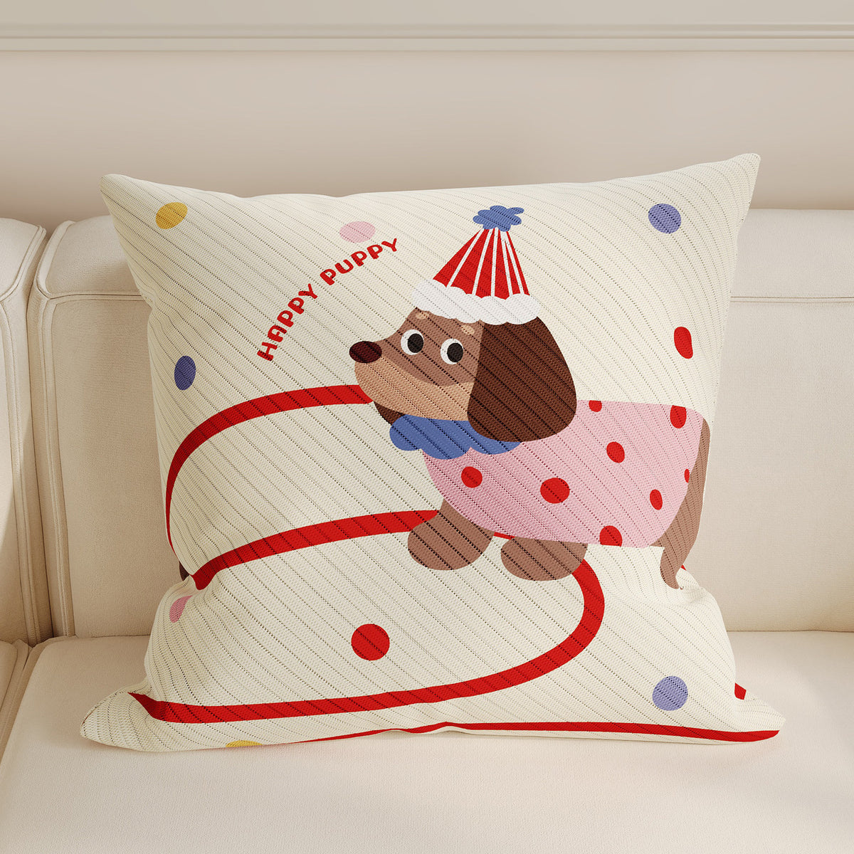 Cute Cartoon Puppy Knitted Throw Pillow Cover with Playful Happy Puppy Motif