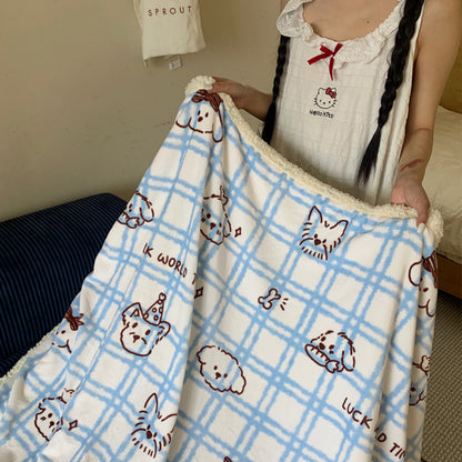 Wendbare Kuscheldecke mit Sherpa-Fleece, niedlichen Hunde-Illustrationen und kariertem Muster