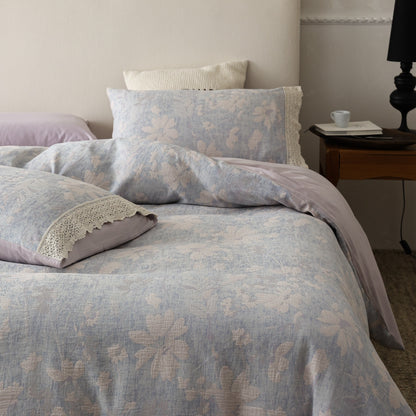 Florales Jacquard Bettbezug-Set mit Häkelspitzenbesatz
