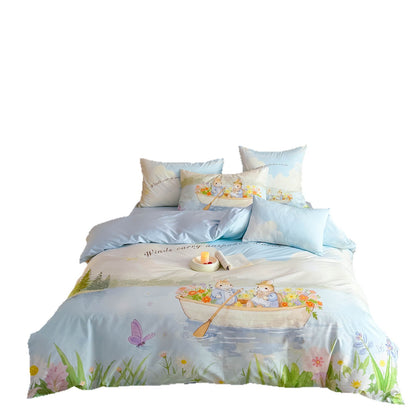 Romantische Satin-Bettwäschegarnitur mit floraler Aquarell-Illustration und Mondhäschen-Applikation Brehn