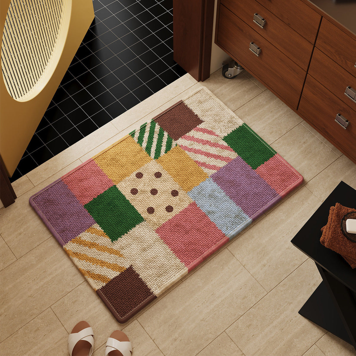Low-Profile Absorbent Patchwork Entrance Mat with Non-Slip Backing