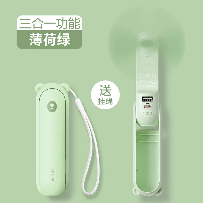 Unisex Einheitsgröße faltbarer wiederaufladbarer Dreifach-Handheld-Mini-Ventilator mit integriertem Powerbank USB-C und USB-A Anschlüssen sowie Handgelenksschlaufe Brehn