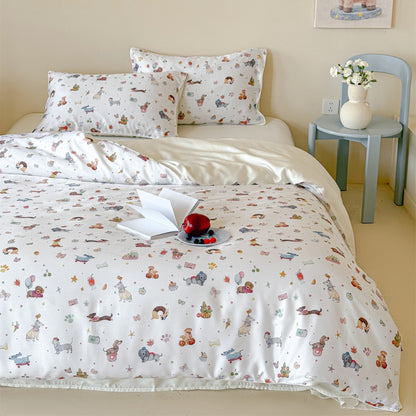 Kinder Cartoon Tier-Illustration Satin Bettbezug und Kissenbezug Bettwäsche Set