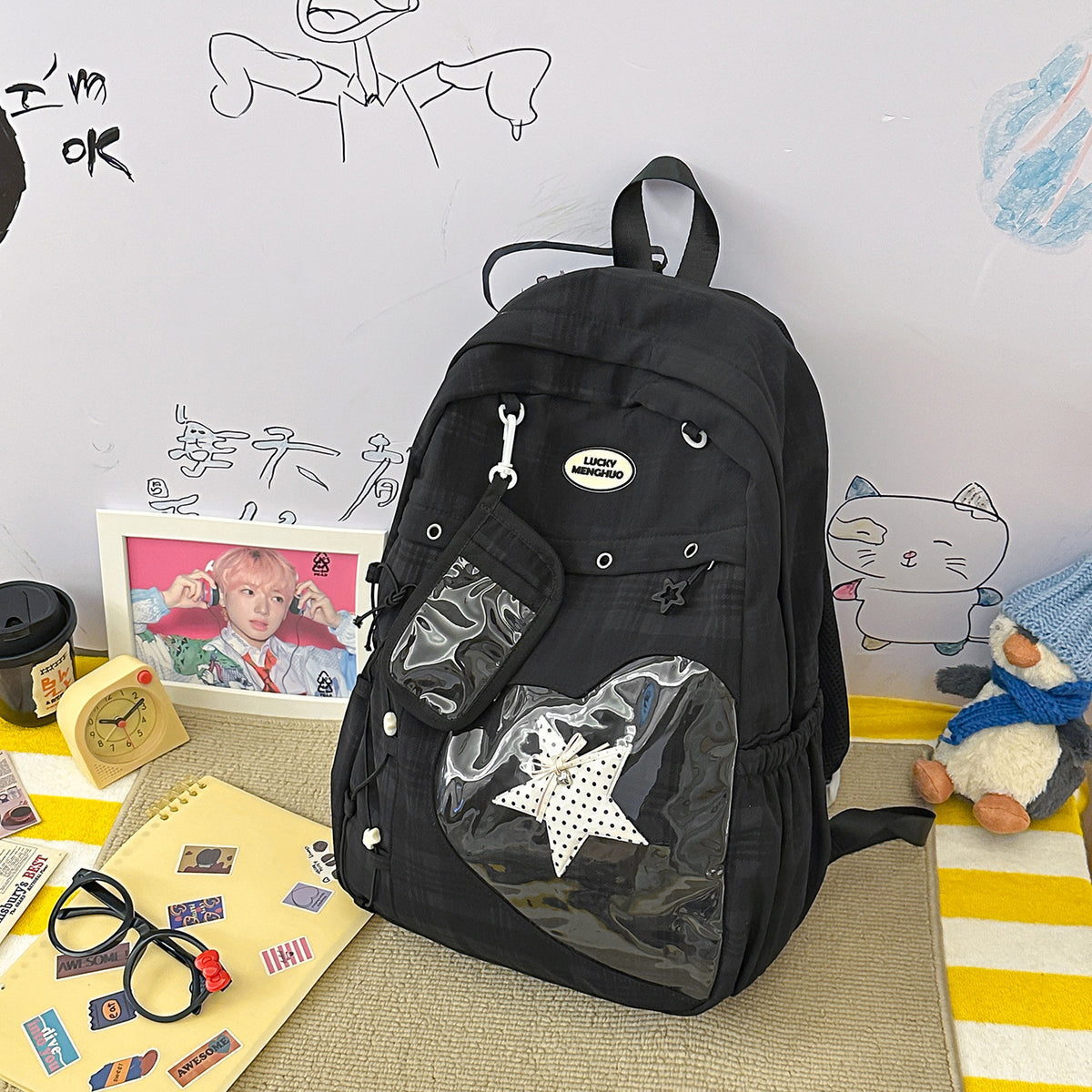 Stylische Multi-Taschen Stern-Applikation Rucksack Brehn