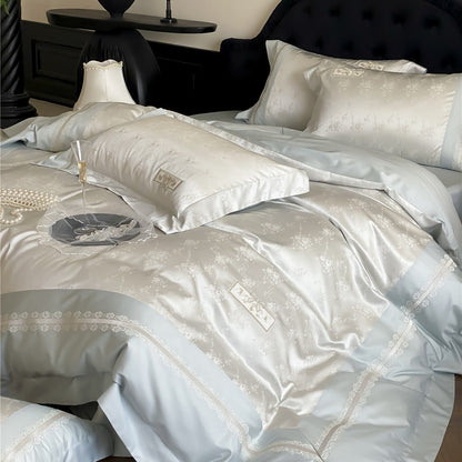 Luxuriöses Satin-Jacquard Blüten-Bettwäsche-Set mit bestickten Kopfkissenbezügen