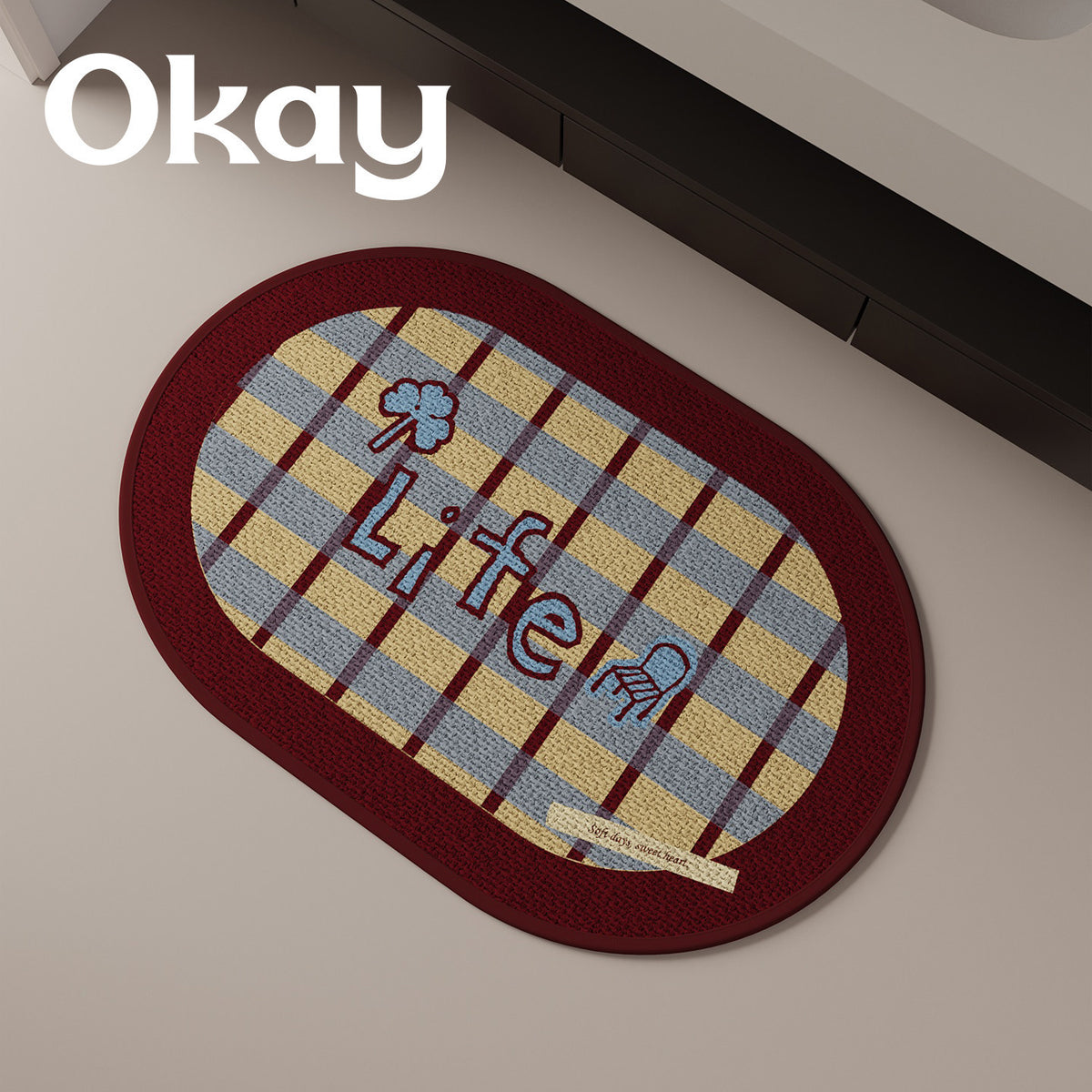 Decorative Oval Checkered Entrance Mat with Embroidered 'Life' Script and Non-Slip Backing