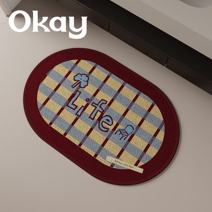 Decorative Oval Checkered Entrance Mat with Embroidered 'Life' Script and Non-Slip Backing