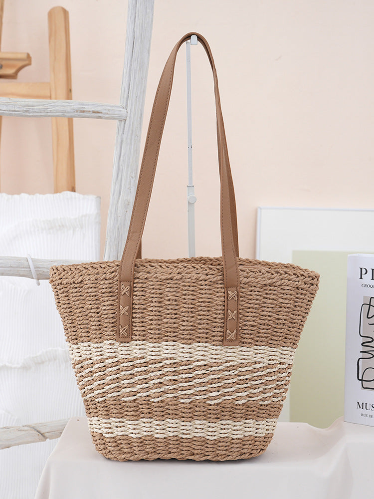 Handgewebte Strandtasche mit Ledergriffen Brehn