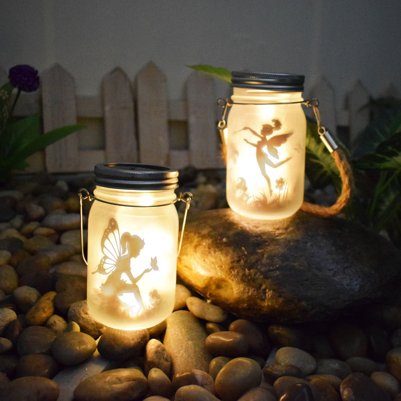 Hängende Frosted Mason Jar Solar LED Feen Silhouette Laterne Mit Seilgriff Und Dynamischem LED-Lichtstring Brehn