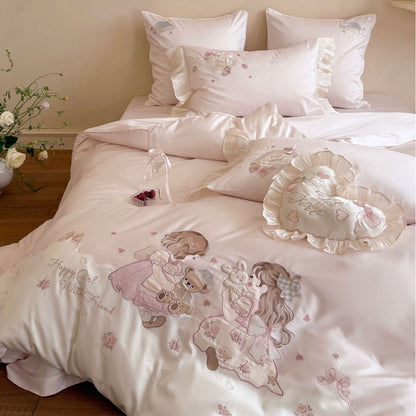 Luxuriöses besticktes Bettwäscheset aus Baumwollsatin mit Rüschen und Märchenmotiv Brehn