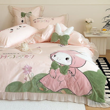 Rabbit Appliqué Baumwollsateen Bettbezugset mit Plüschakzenten