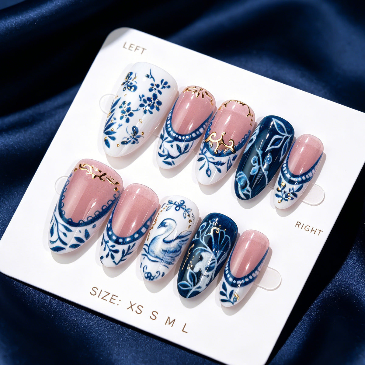 Elegantes Floral- und Schwan-Press-On-Nail-Design