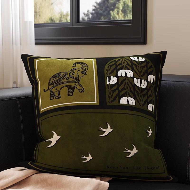 Square Velvet Accent Pillow Cover with Vintage Botanical Tapestry Print and Contrast Border