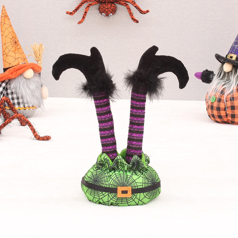 Skurrile Halloween-Tischfigur mit stehenden Hexenbeinen und Spinnennetz-Sack