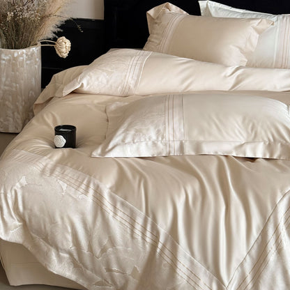 Luxuriöses Satin-Jacquard-Blumenbettwäsche-Set mit plissiertem Bettrock