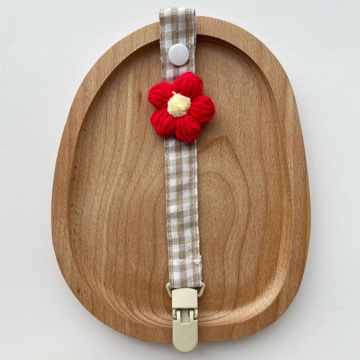 Gingham Leinen-Stil Häkelblumen Schnuller und Beißring Clip
