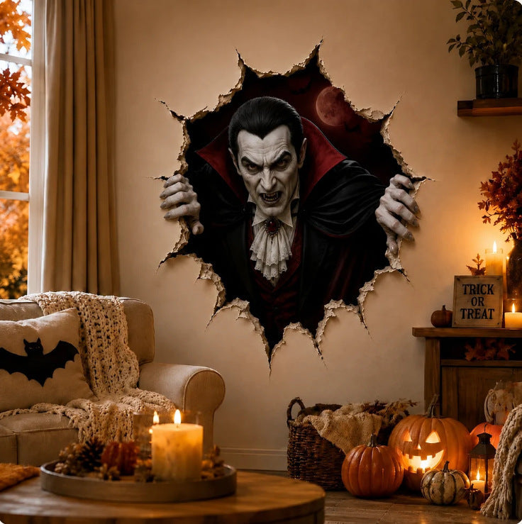 Dreidimensionaler Halloween-Wandsticker Hexe mit Loch-in-Wand-Effekt und Kürbislaterne