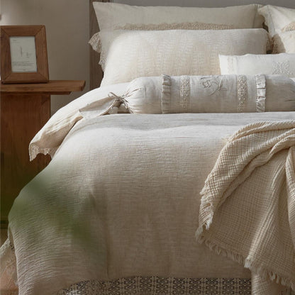 Gecoat Leinen-Mischung Gaze Bettbezug Set mit Häkelspitze und gebundenem Bolster