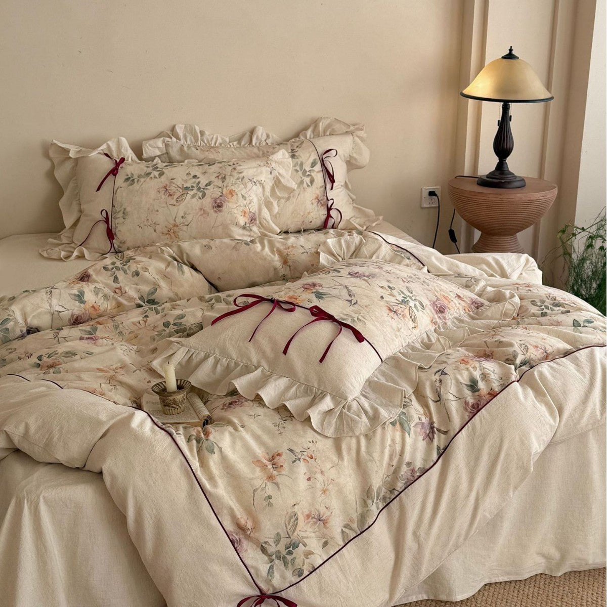 Romantisches Floral Baumwolle-Leinen Bettwäsche Set mit Rüschen Kissenbezügen und Bandbindungen
