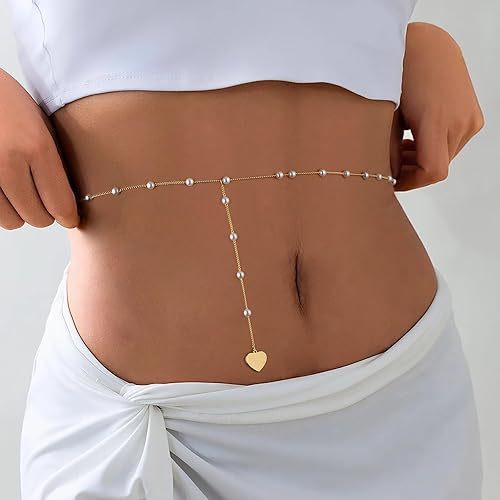 Elegante Perlen- und Herzanhänger-Bauchkette Brehn