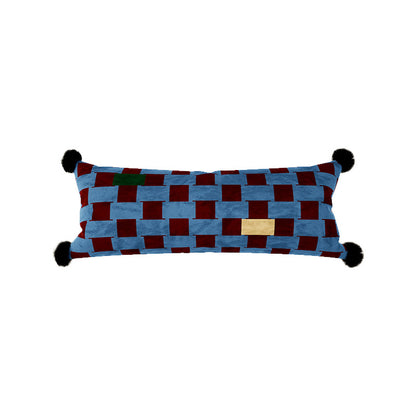 Decorative Long Lumbar Velvet Pillow with Checkerboard Jacquard, Pom-Pom Corners and Patchwork Accents