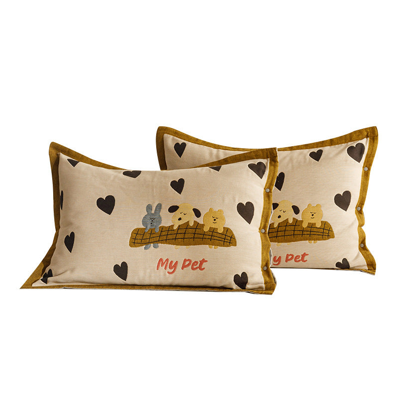 Kinder- und Jugend-Kissenbezug-Set mit niedlichem Haustiermotiv, Herz-Print und Knopfverschluss