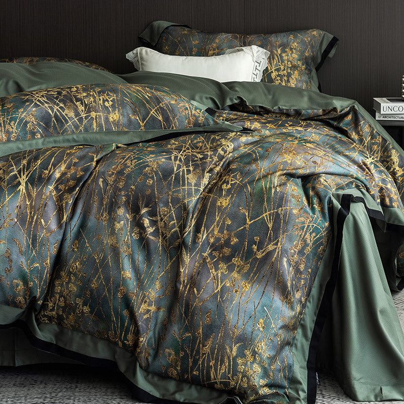 Luxuriöse Bettwäsche-Garnitur aus Baumwollsatin mit filigranem Gräser-Print und satiniertem Saum