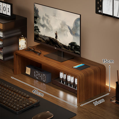Niedrigprofilierte gebogene Desktop-Monitor-Plattform mit integriertem Unterregal-Organizer und ambienter Hintergrundbeleuchtung