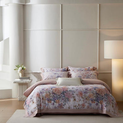 Luxus Floral Baumwollsatin Bettbezug Set mit Kontrastsaum und Kissenbezügen