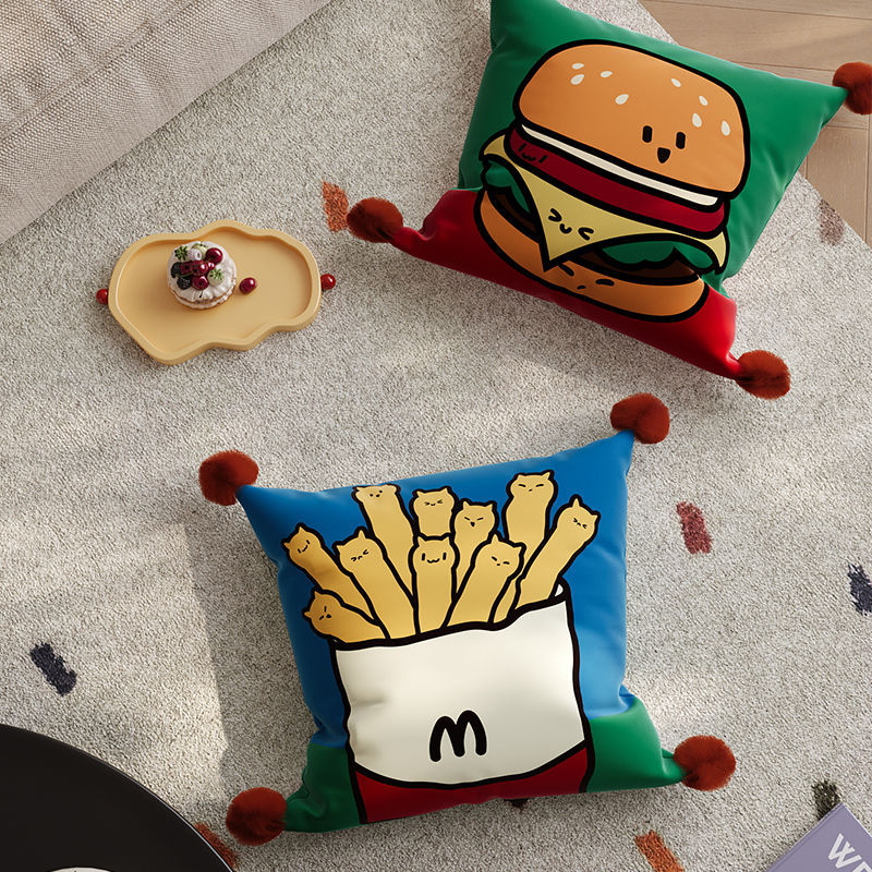Decorative Cartoon Fries-Cats Square Throw Pillow Cover with Pom-Pom Tassel Corners