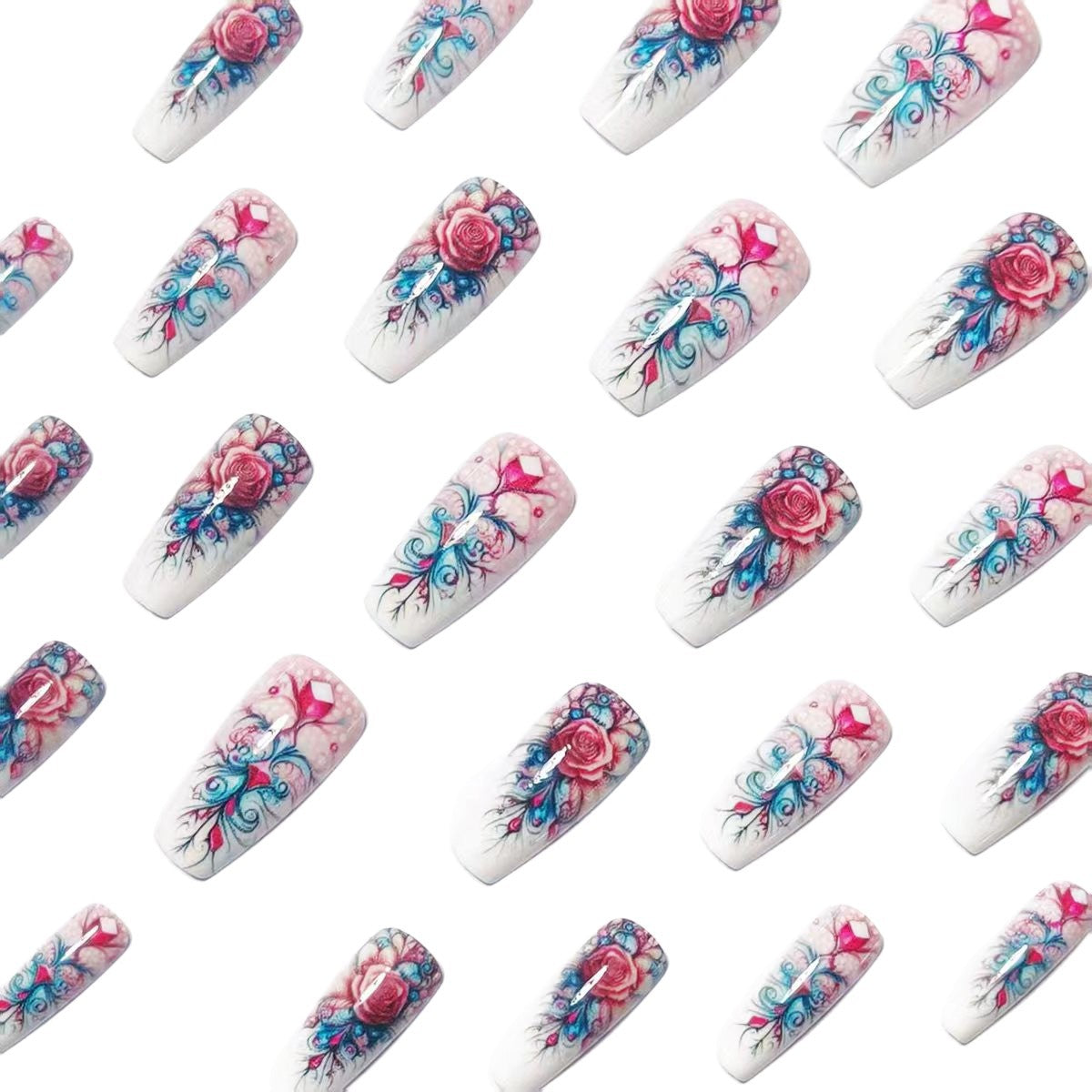 Kunstnägel mit Elegantem Rosenmotiv und Glitzerakzenten Brehn
