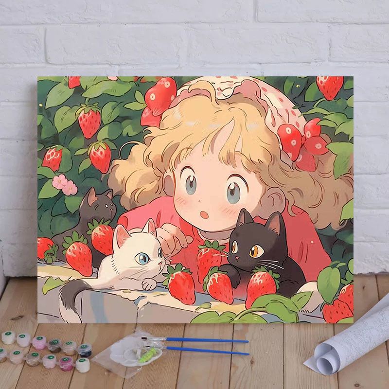 Cartoon Cat und Mädchen Themenleinwand Malset nach Zahlen Brehn