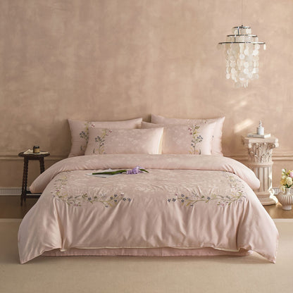 Satin-Bettbezug-Set mit feiner Blumenstickerei und Jacquardstruktur